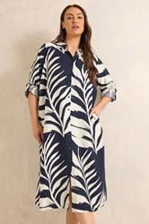 EVANS Plus Size Navy Blue Leaf Print Shirt Dress | Evans 2