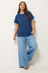 YOURS Plus Size Navy Blue Contrast Trim T-Shirt | Yours Clothing 2