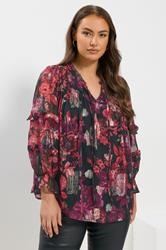 YOURS Plus Size Black & Pink Floral Metallic Tie Neck Blouse | Yours Clothing 3