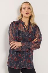 LTS Tall Navy Blue Floral Print Frill Neck Blouse | Long Tall Sally 3