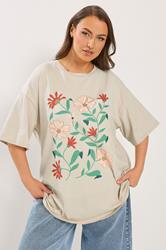 YOURS Plus Size Natural Brown Floral Graphic T-Shirt | Yours Clothing 1