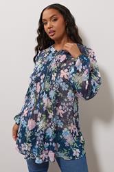 YOURS LONDON Plus Size Navy Blue Floral Print Zip Blouse | Yours Clothing 1