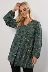 YOURS Plus Size Green & Blue Ditsy Floral Print Pleat Front Top | Yours Clothing 3