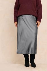 EVANS Plus Size Grey Satin Slip-On Midi Skirt | Evans 1