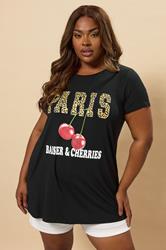 YOURS Plus Size Black Leopard 'Paris' Graphic Cherry T-Shirt | Yours Clothing 1