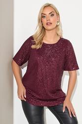 YOURS LONDON Plus Size Burgundy Red Sequin Swing Top | Yours Clothing 3