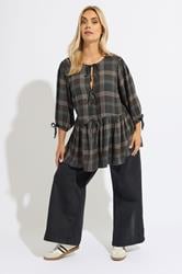 YOURS Plus Size Brown Check Tie Front Peplum Top | Yours Clothing 1