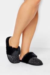 Black Diamante Faux Fur Slippers In Wide E Fit | Yours Clothing 1
