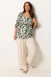 YOURS Plus Size Sage Green & White Leaf Print Puff Sleeve Top | Yours Clothing 1
