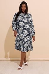 YOURS Plus Size Navy Blue Floral Tie Neck Tiered Midi Dress | Yours Clothing 2
