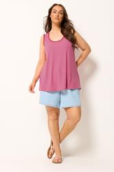 YOURS Plus Size Hot Pink Contrast Blanket Stitch Ribbed Vest Top | Yours Clothing 1