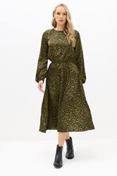 LTS Tall Khaki Green Leopard Print Satin Midi Dress | Long Tall Sally 3