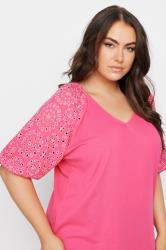 YOURS Plus Size Pink Broderie Anglaise Sleeve T-Shirt | Yours Clothing 4