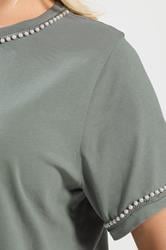 YOURS Plus Size Sage Green Pearl Trim T-Shirt | Yours Clothing 4