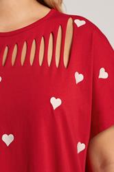 YOURS Plus Size Red Printed Heart Slash Detail Top | Yours Clothing 4