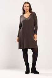 YOURS Plus Size Chocolate Brown Ribbed Flare Mini Dress | Yours Clothing 3