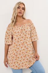 YOURS Plus Size Orange Textured Leaf Print Bardot Top | Yours Clothing 3