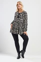 YOURS Plus Size Black Floral Tie Neck Tiered Blouse | Yours Clothing 1