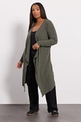 YOURS Plus Size Khaki Green Ribbed Midaxi Waterfall Cardigan | Yours Clothing 1