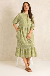 EVANS Plus Size Green Tie Neck Broderie Cotton Maxi Dress | Evans 2