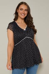 YOURS Curve Black Polka Dot Crochet Trim Top | Yours Clothing 1
