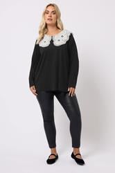 YOURS Plus Size Black Broderie Anglaise Oversized Collar Top | Yours Clothing 2