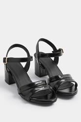 Black Faux Leather Mid Block Heel Sandals In Wide E Fit