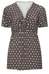 YOURS LONDON Curve Chocolate Brown Polka Dot Knot Front Top