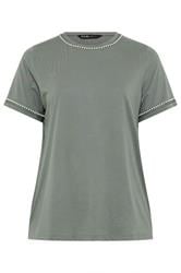 YOURS Curve Sage Green Pearl Trim T-Shirt