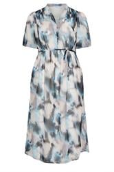 YOURS LONDON Curve Blue Blurred Abstract Puff Sleeve Shirt Dress