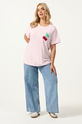 YOURS Plus Size Pink Cherry Varsity Trim T-Shirt | Yours Clothing 1