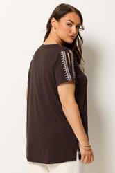 YOURS Plus Size Brown Embroidered Cold Shoulder T-Shirt | Yours Clothing 2