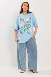 YOURS Plus Size Blue Floral Graphic T-Shirt | Yours Clothing 1