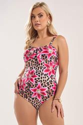 YOURS Plus Size Brown Floral Leopard Tie Front Bandeau Swimsuit | Yours Clothing 3