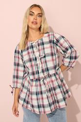 YOURS Plus Size Natural Brown Check Tie Front Peplum Top | Yours Clothing 1