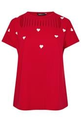 YOURS Curve Red Printed Heart Slash Detail Top