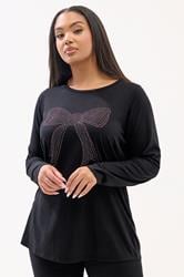 YOURS Plus Size Black Diamante Bow Long Sleeve Top | Yours Clothing 3