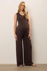 LTS Tall Women's Maternity Brown Shirred Wide Leg Jumpsuit | Long Tall Sally 3