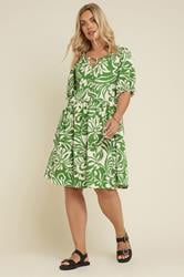 YOURS Curve Green Abstract Leaf Print Tie Neck Dress | Yours Clothing 4