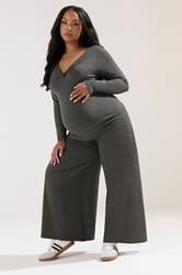 BUMP IT UP MATERNITY Plus Size Charcoal Grey Extra Wide Leg Trousers | Yours Clothing 2