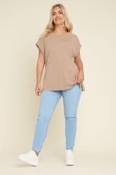 YOURS Plus Size Natural Brown Ribbed Hem Grown On Sleeve T-Shirt | Yours Clothing 2