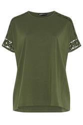 YOURS Curve Khaki Green Crochet Sleeve Boxy T-Shirt