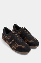 Black Leopard Print Low Retro Stripe Trainers In Extra Wide EEE Fit