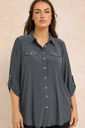 EVANS Plus Size Charcoal Grey Tab Sleeve Blouse | Evans 3