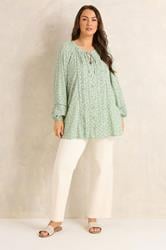 EVANS Plus Size Sage Green Ditsy Tie Neck Blouse | Evans 1