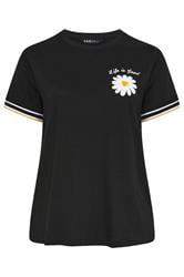 YOURS Curve Black Daisy 'Life Is Good' Varsity Trim T-Shirt