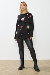YOURS Plus Size Black Candy Cane Sequin Novelty Christmas Jumper | Yours Clothing 2