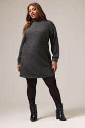 YOURS Plus Size Charcoal Grey Zip Neck Ribbed Jumper Dress | Yours Clothing 1