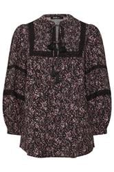 YOURS Curve Black & Pink Floral Crochet Trim Blouse