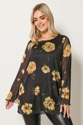 YOURS Plus Size Brown Floral Mesh Swing Top | Yours Clothing 3